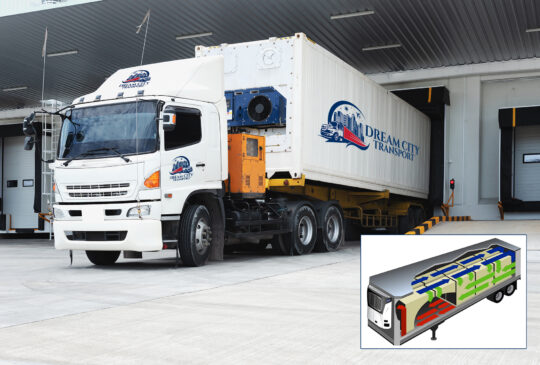 Refrigerator Truck Freezing Food. Transporting goods in the loading goods of the freezing warehouse. Storage for Ready-made foods or Ready-to-Eat Foods. Export-Import Logistics system concept.