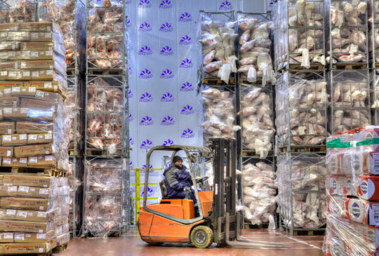 Saint-Petersburg Russia - October 31 2016: Forklift stacker working in very cold stores cold storage refrigerated warehousing frozen food.